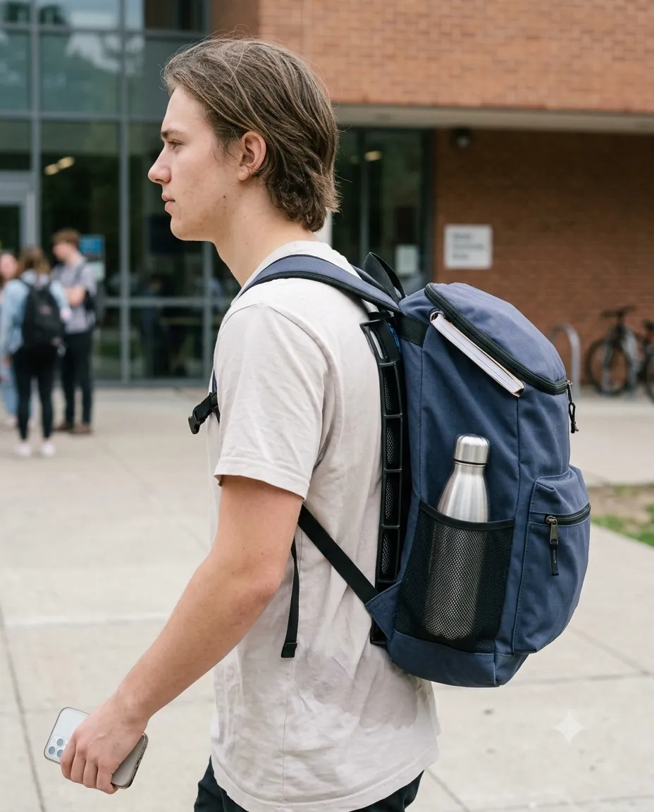 A student walking across a campus courtyard wearing a loaded backpack, seen from the side